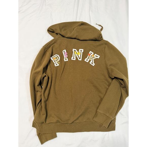 PINK VS Womens Full Zip Up Hoodie Olive Army Green with Flowers XL - Picture 6 of 7